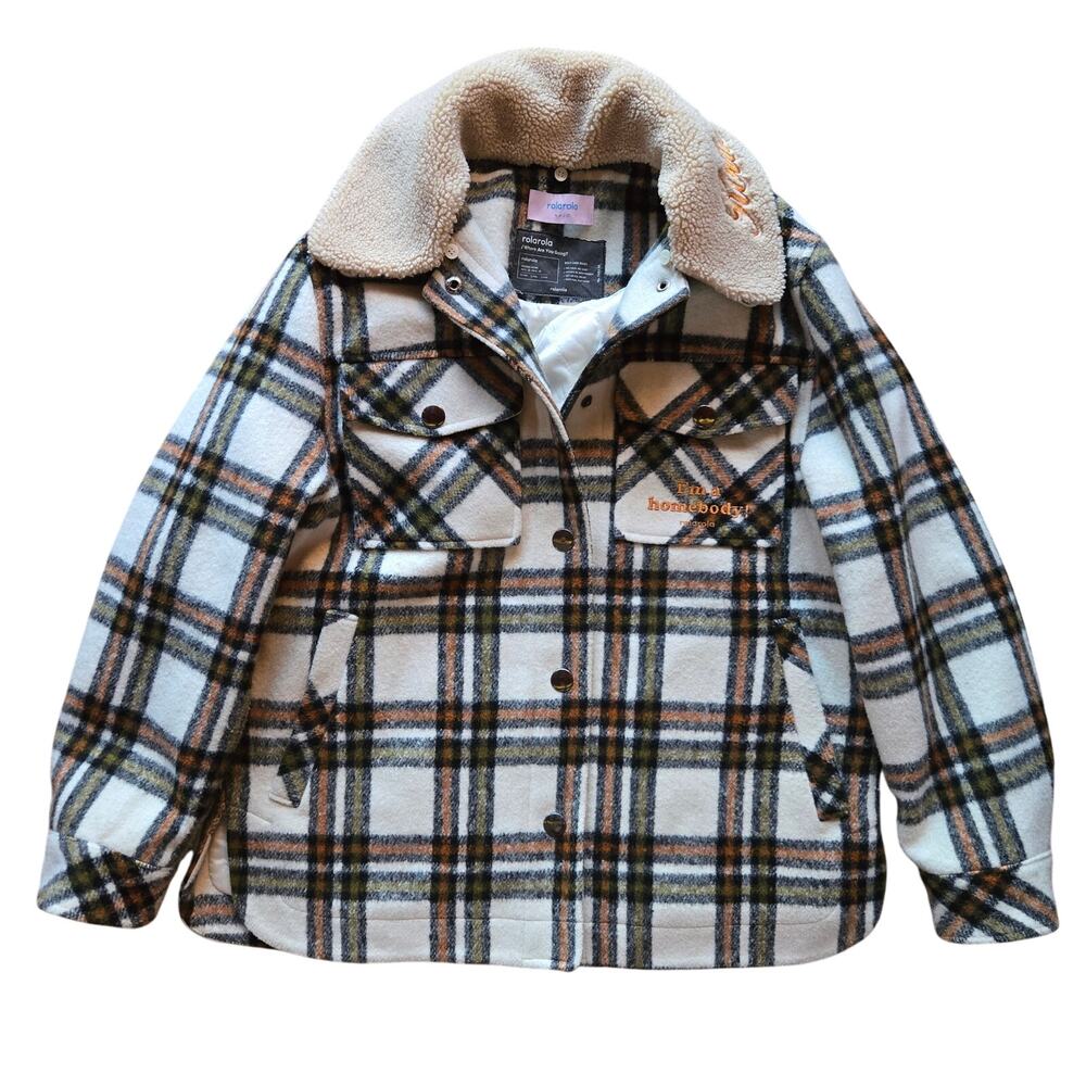 Rolarola Womens Gorpcore Granola Plaid Sherpa Collar Quilted Coat Free Size M/L